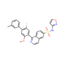 COc1cc(-c2cccc(C)c2)c(F)cc1-c1nccc2cc(S(=O)(=O)Nc3ccon3)ccc12 ZINC001772630734