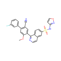 COc1cc(-c2cccc(F)c2)c(C#N)cc1-c1nccc2cc(S(=O)(=O)Nc3ccon3)ccc12 ZINC000215512273