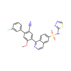 COc1cc(-c2cccc(F)c2)c(C#N)cc1-c1nccc2cc(S(=O)(=O)Nc3nncs3)ccc12 ZINC000215512205
