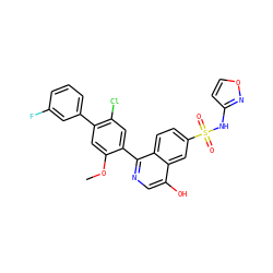 COc1cc(-c2cccc(F)c2)c(Cl)cc1-c1ncc(O)c2cc(S(=O)(=O)Nc3ccon3)ccc12 ZINC001772655126
