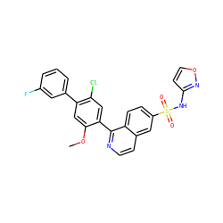 COc1cc(-c2cccc(F)c2)c(Cl)cc1-c1nccc2cc(S(=O)(=O)Nc3ccon3)ccc12 ZINC000215511737