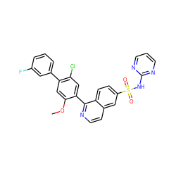 COc1cc(-c2cccc(F)c2)c(Cl)cc1-c1nccc2cc(S(=O)(=O)Nc3ncccn3)ccc12 ZINC001772644237