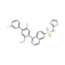 COc1cc(-c2cccc(F)c2)c(Cl)cc1-c1nccc2cc(S(=O)(=O)Nc3ncco3)ccc12 ZINC001772619983