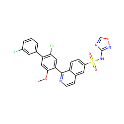 COc1cc(-c2cccc(F)c2)c(Cl)cc1-c1nccc2cc(S(=O)(=O)Nc3ncon3)ccc12 ZINC001772637395