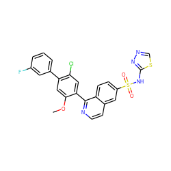 COc1cc(-c2cccc(F)c2)c(Cl)cc1-c1nccc2cc(S(=O)(=O)Nc3nncs3)ccc12 ZINC000215511531