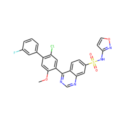 COc1cc(-c2cccc(F)c2)c(Cl)cc1-c1ncnc2cc(S(=O)(=O)Nc3ccon3)ccc12 ZINC001772583696
