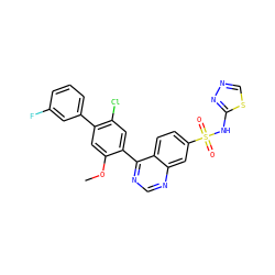 COc1cc(-c2cccc(F)c2)c(Cl)cc1-c1ncnc2cc(S(=O)(=O)Nc3nncs3)ccc12 ZINC000225113079