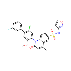 COc1cc(-c2cccc(F)c2)c(Cl)cc1-n1c(=O)cc(C)c2cc(S(=O)(=O)Nc3ccon3)ccc21 ZINC001772613829