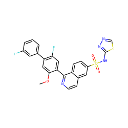 COc1cc(-c2cccc(F)c2)c(F)cc1-c1nccc2cc(S(=O)(=O)Nc3nncs3)ccc12 ZINC000215514049