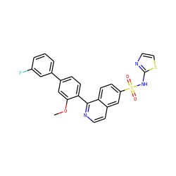 COc1cc(-c2cccc(F)c2)ccc1-c1nccc2cc(S(=O)(=O)Nc3nccs3)ccc12 ZINC000225088296
