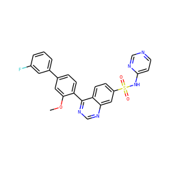 COc1cc(-c2cccc(F)c2)ccc1-c1ncnc2cc(S(=O)(=O)Nc3ccncn3)ccc12 ZINC000225117381