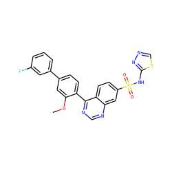 COc1cc(-c2cccc(F)c2)ccc1-c1ncnc2cc(S(=O)(=O)Nc3nncs3)ccc12 ZINC000225110416