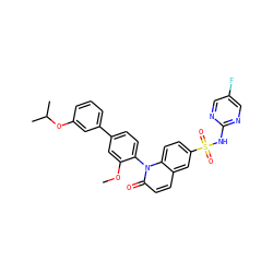 COc1cc(-c2cccc(OC(C)C)c2)ccc1-n1c(=O)ccc2cc(S(=O)(=O)Nc3ncc(F)cn3)ccc21 ZINC001772610403