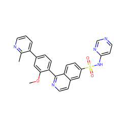 COc1cc(-c2cccnc2C)ccc1-c1nccc2cc(S(=O)(=O)Nc3ccncn3)ccc12 ZINC000225121167