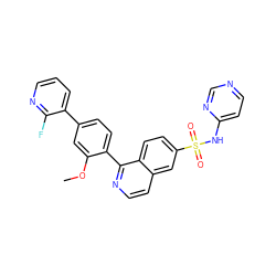 COc1cc(-c2cccnc2F)ccc1-c1nccc2cc(S(=O)(=O)Nc3ccncn3)ccc12 ZINC000225087108