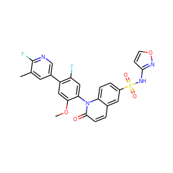 COc1cc(-c2cnc(F)c(C)c2)c(F)cc1-n1c(=O)ccc2cc(S(=O)(=O)Nc3ccon3)ccc21 ZINC001772643570