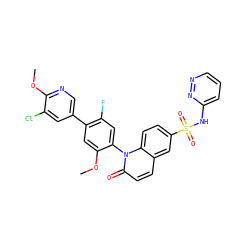 COc1cc(-c2cnc(OC)c(Cl)c2)c(F)cc1-n1c(=O)ccc2cc(S(=O)(=O)Nc3cccnn3)ccc21 ZINC001772575983