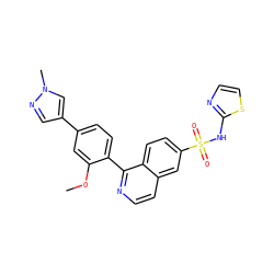 COc1cc(-c2cnn(C)c2)ccc1-c1nccc2cc(S(=O)(=O)Nc3nccs3)ccc12 ZINC000225099219