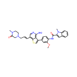 COc1cc(-c2csc3c(/C=C/CN4CCN(C)C(=O)C4)cnc(N)c23)ccc1NC(=O)c1cc2ccccc2n1C ZINC000028822593