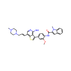 COc1cc(-c2csc3c(/C=C/CN4CCN(C)CC4)cnc(N)c23)ccc1NC(=O)c1cc2ccccc2n1C ZINC000028822590