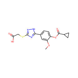 COc1cc(-c2nc(SCC(=O)O)n[nH]2)ccc1OC(=O)C1CC1 ZINC000205447162