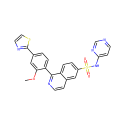 COc1cc(-c2nccs2)ccc1-c1nccc2cc(S(=O)(=O)Nc3ccncn3)ccc12 ZINC000215518497