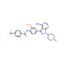 COc1cc(-c2nn(C3CCN(C)CC3)c3ncnc(N)c23)ccc1NC(=O)c1ccc(C(F)(F)F)cc1F ZINC000028565280