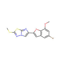 COc1cc(Br)cc2cc(-c3cn4nc(SC)sc4n3)oc12 ZINC000653765524