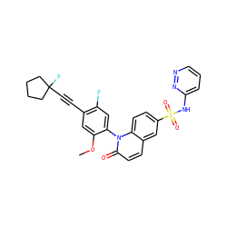 COc1cc(C#CC2(F)CCCC2)c(F)cc1-n1c(=O)ccc2cc(S(=O)(=O)Nc3cccnn3)ccc21 ZINC001772646380