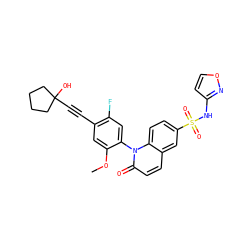 COc1cc(C#CC2(O)CCCC2)c(F)cc1-n1c(=O)ccc2cc(S(=O)(=O)Nc3ccon3)ccc21 ZINC000221865942