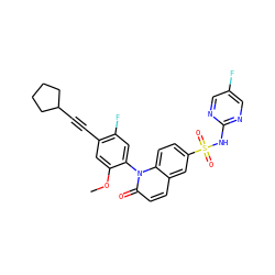 COc1cc(C#CC2CCCC2)c(F)cc1-n1c(=O)ccc2cc(S(=O)(=O)Nc3ncc(F)cn3)ccc21 ZINC001772627108