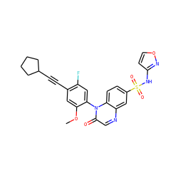 COc1cc(C#CC2CCCC2)c(F)cc1-n1c(=O)cnc2cc(S(=O)(=O)Nc3ccon3)ccc21 ZINC000221896007
