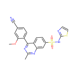 COc1cc(C#N)ccc1-c1nc(C)nc2cc(S(=O)(=O)Nc3nccs3)ccc12 ZINC000225086887