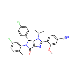 COc1cc(C#N)ccc1-c1nc2c(n1C(C)C)[C@@H](c1ccc(Cl)cc1)N(c1cc(Cl)ccc1C)C2=O ZINC000169705409