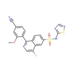 COc1cc(C#N)ccc1-c1ncc(F)c2cc(S(=O)(=O)Nc3ncns3)ccc12 ZINC000215516306