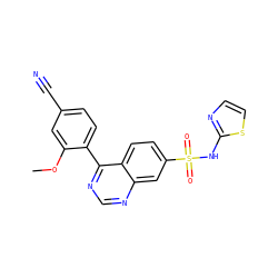 COc1cc(C#N)ccc1-c1ncnc2cc(S(=O)(=O)Nc3nccs3)ccc12 ZINC000225071531
