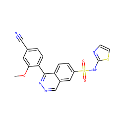 COc1cc(C#N)ccc1-c1nncc2cc(S(=O)(=O)Nc3nccs3)ccc12 ZINC000225070844
