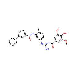 COc1cc(C(=O)/N=C(\N)Nc2ccc(C)c(NC(=O)c3cccc(-c4ccccc4)c3)c2)cc(OC)c1OC ZINC000084758943