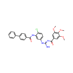COc1cc(C(=O)/N=C(\N)Nc2ccc(Cl)c(NC(=O)c3ccc(-c4ccccc4)cc3)c2)cc(OC)c1OC ZINC000084758941