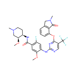 COc1cc(C(=O)N[C@@H]2CCN(C)C[C@@H]2OC)c(F)cc1Nc1ncc(C(F)(F)F)c(Oc2cccc3c2C(=O)N(C)C3)n1 ZINC000146017523