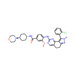 COc1cc(C(=O)N[C@H]2CC[C@H](N3CCOCC3)CC2)ccc1Nc1ncc2c(n1)-c1c(nn(C)c1-c1ccccc1Cl)CC2 ZINC000261162800