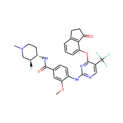 COc1cc(C(=O)N[C@H]2CCN(C)C[C@@H]2F)ccc1Nc1ncc(C(F)(F)F)c(Oc2cccc3c2C(=O)CC3)n1 ZINC000145956687
