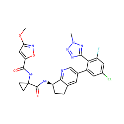 COc1cc(C(=O)NC2(C(=O)N[C@@H]3CCc4cc(-c5cc(Cl)cc(F)c5-c5nnn(C)n5)cnc43)CC2)on1 ZINC000142249616