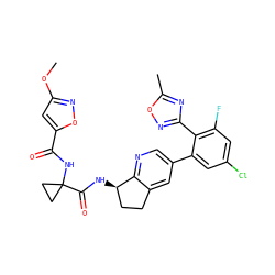 COc1cc(C(=O)NC2(C(=O)N[C@@H]3CCc4cc(-c5cc(Cl)cc(F)c5-c5noc(C)n5)cnc43)CC2)on1 ZINC000142295583