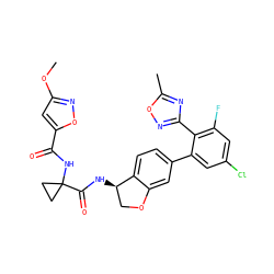 COc1cc(C(=O)NC2(C(=O)N[C@@H]3COc4cc(-c5cc(Cl)cc(F)c5-c5noc(C)n5)ccc43)CC2)on1 ZINC000142264068