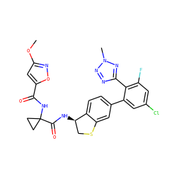 COc1cc(C(=O)NC2(C(=O)N[C@@H]3CSc4cc(-c5cc(Cl)cc(F)c5-c5nnn(C)n5)ccc43)CC2)on1 ZINC000142250452