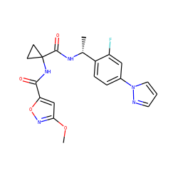 COc1cc(C(=O)NC2(C(=O)N[C@H](C)c3ccc(-n4cccn4)cc3F)CC2)on1 ZINC000072110956