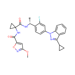 COc1cc(C(=O)NC2(C(=O)N[C@H](C)c3ccc(-n4nc(C5CC5)c5ccccc54)cc3F)CC2)on1 ZINC000072110947