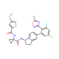 COc1cc(C(=O)NC2(C(=O)N[C@H]3CCc4cc(-c5cc(Cl)cc(F)c5-c5noc(C)n5)ccc43)CC2)on1 ZINC000142311646