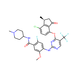 COc1cc(C(=O)NC2CCN(C)CC2)c(F)cc1Nc1ncc(C(F)(F)F)c(Oc2ccc(Cl)c3c2C(=O)C[C@@H]3C)n1 ZINC000145958607